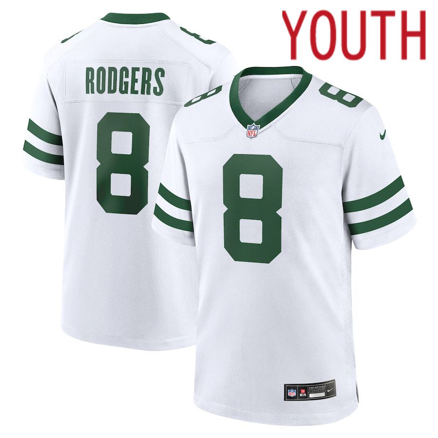 Youth New York Jets #8 Aaron Rodgers Nike Legacy White Game NFL Jersey